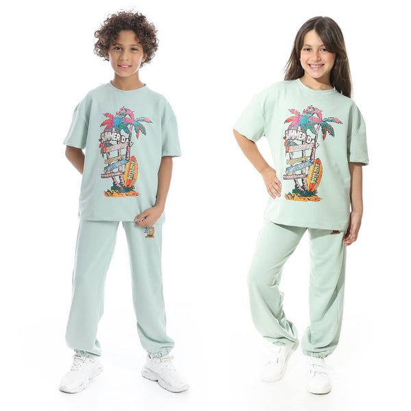 Stylish summer children's pajama set with a front print, unisex