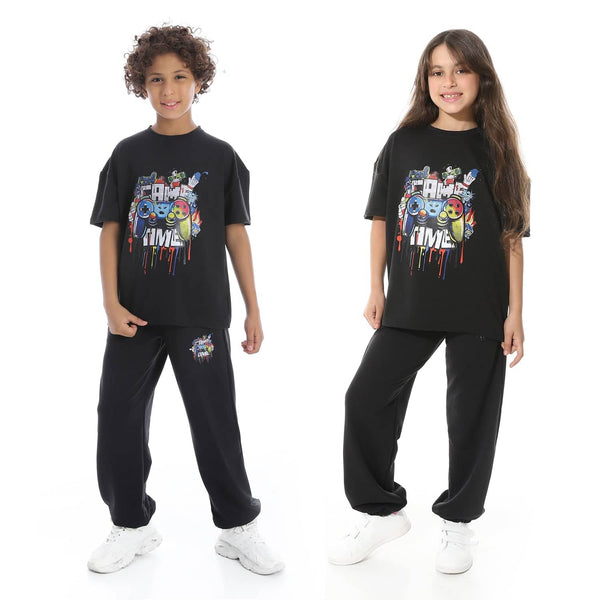 Unisex summer children's pajama set with a unique print on the front