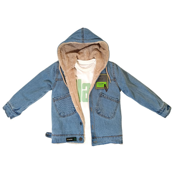 Boys' set: Twins denim jacket with fur lining + printed t-shirt