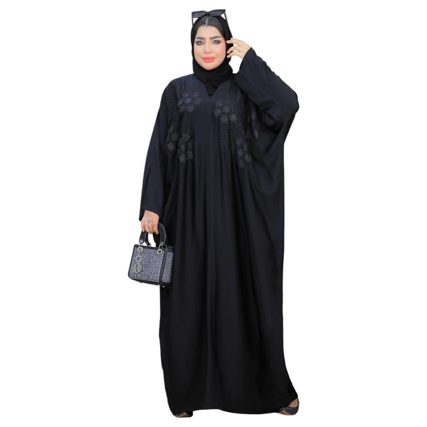 ملحفة حريمي مع الطرحة باللون الأسود تطريز ورد