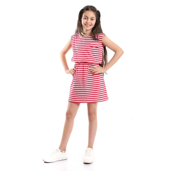 Fuchsia casual dress for girls with short sleeves and an elastic waist