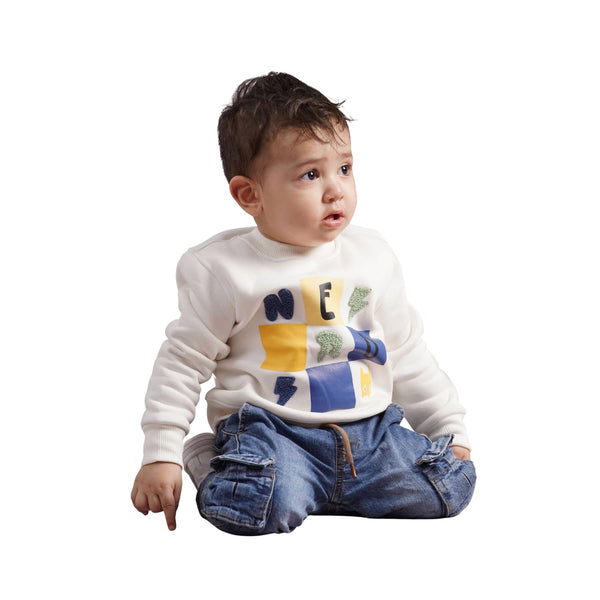 Boys' winter sweatshirt, white with a stylish pattern