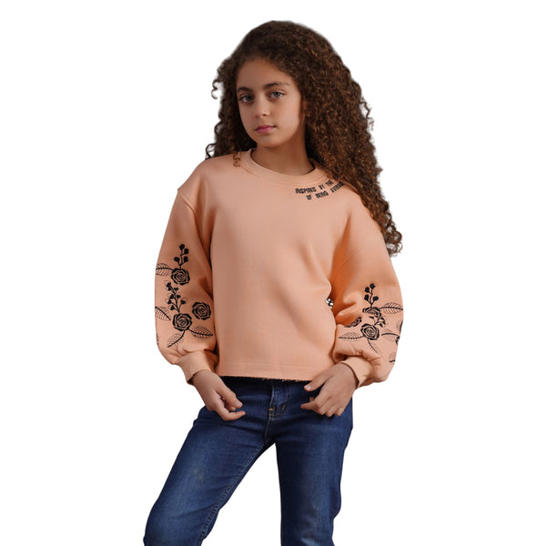 سويت شيرت بناتي شتوي كروب تطريز ورد علي الأكمام