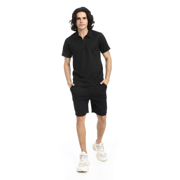 T-shirt and shorts set with a folded collar and zipper in a sophisticated piqué pattern
