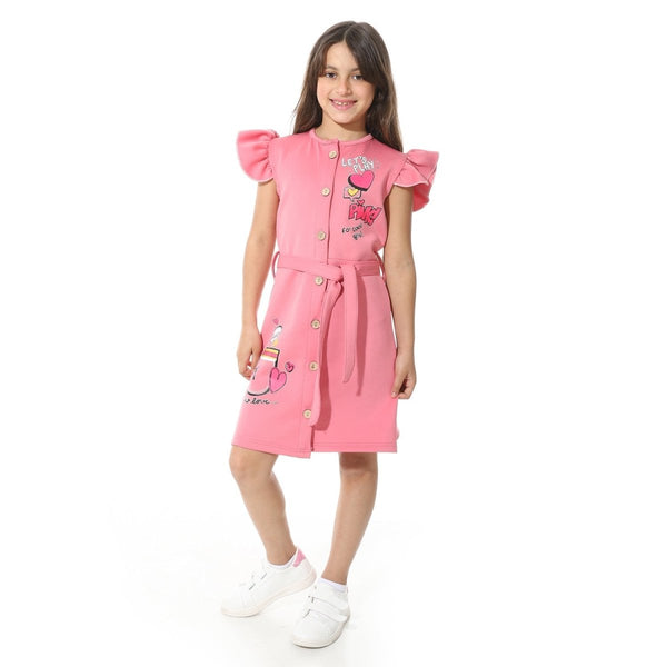 فستان بناتي أنيق مطبوع من الأمام بأزرار وحزام من الوسط - SemCem