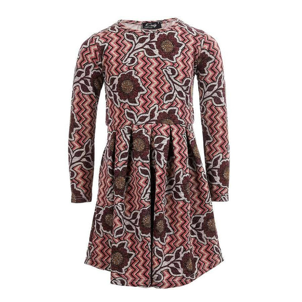 Girls' printed dress with long sleeves and a self-pattern