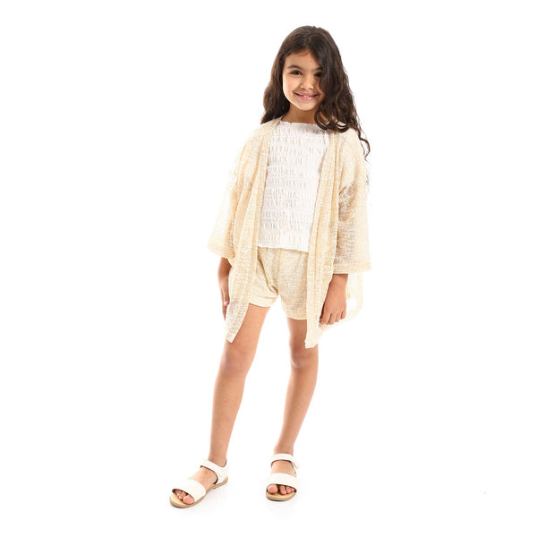 Girls' cardigan and shorts set with 3/4 sleeves and a knitted pattern