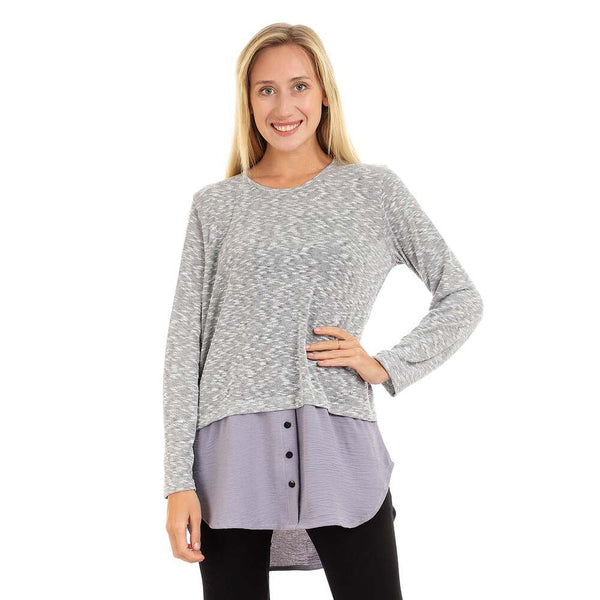 بلوزة نسائية بأزرار زخرفية ورقبة دائرية رمادي