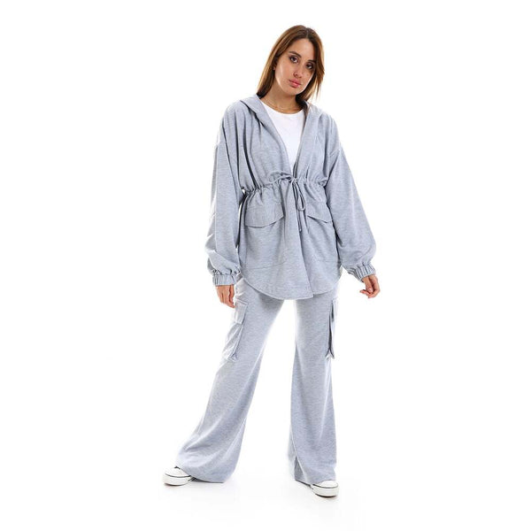 Women's plain cardigan and pants set with side pockets