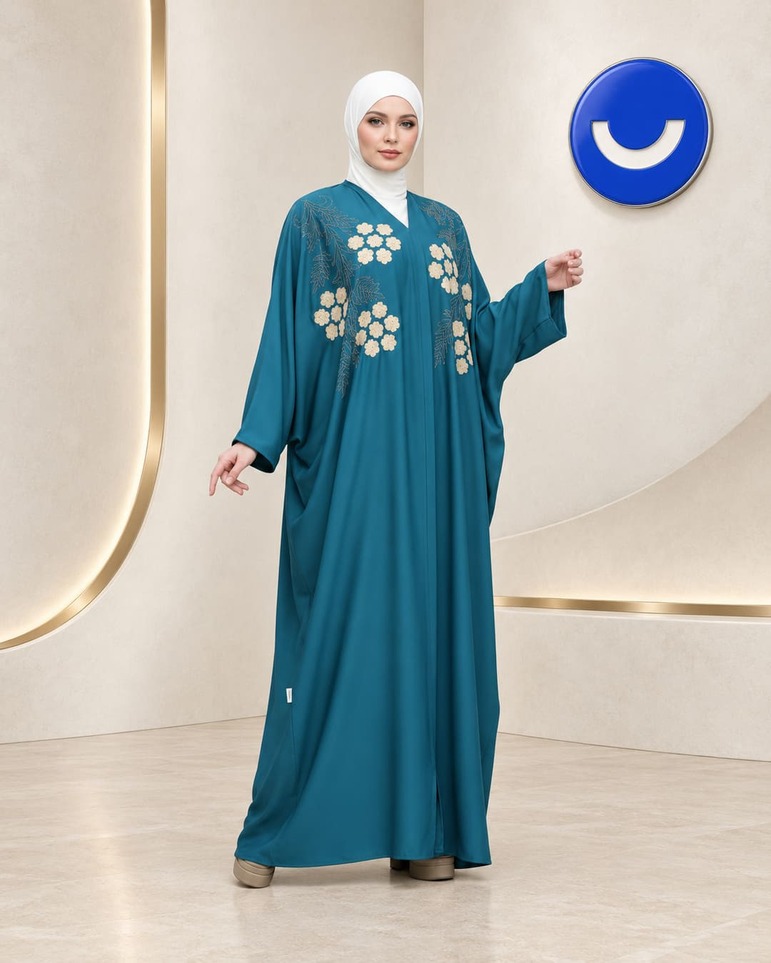 ملحفة حريمي مع الطرحة باللون البترولي ستايل ورد