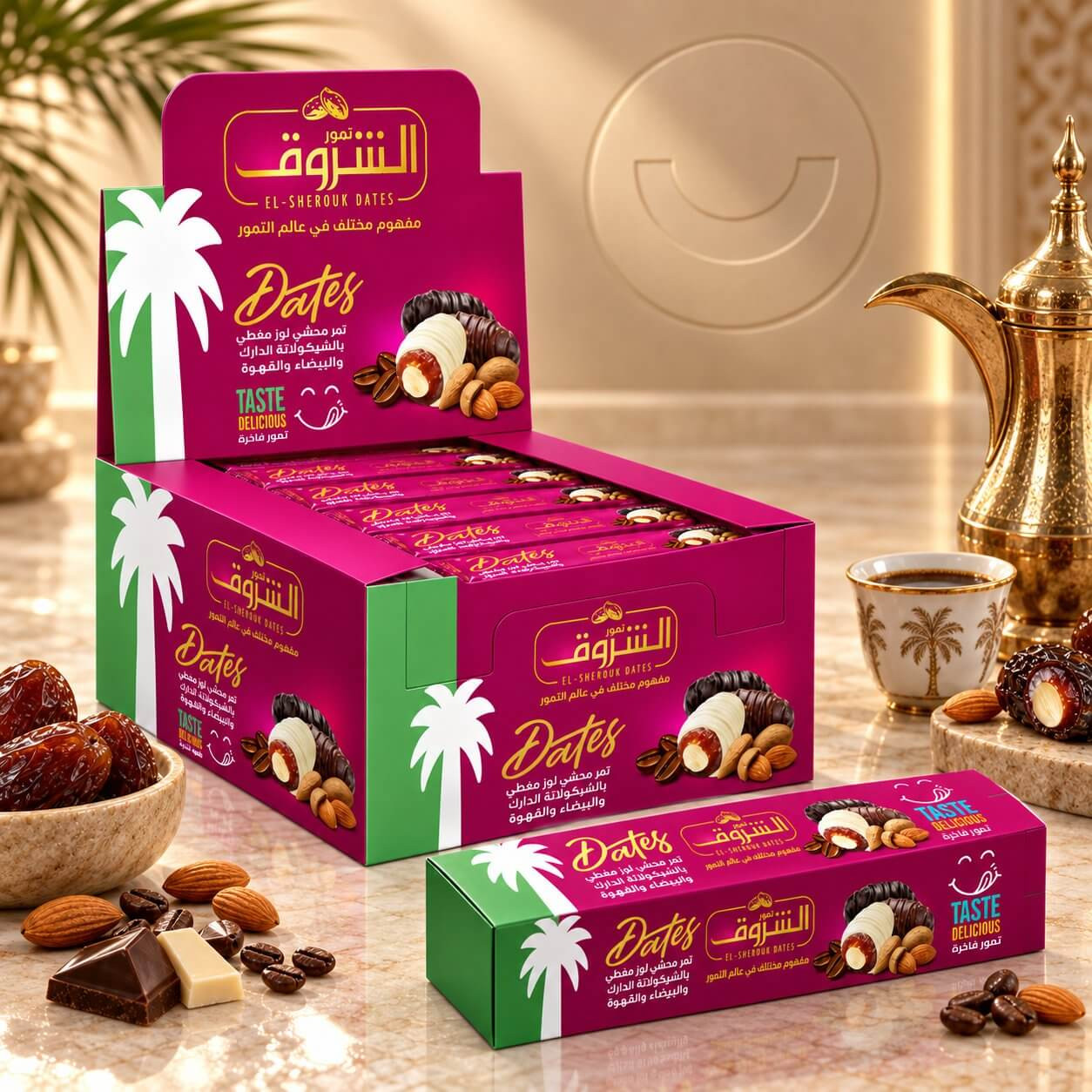 Dates stuffed with almonds and covered in dark and white chocolate and coffee