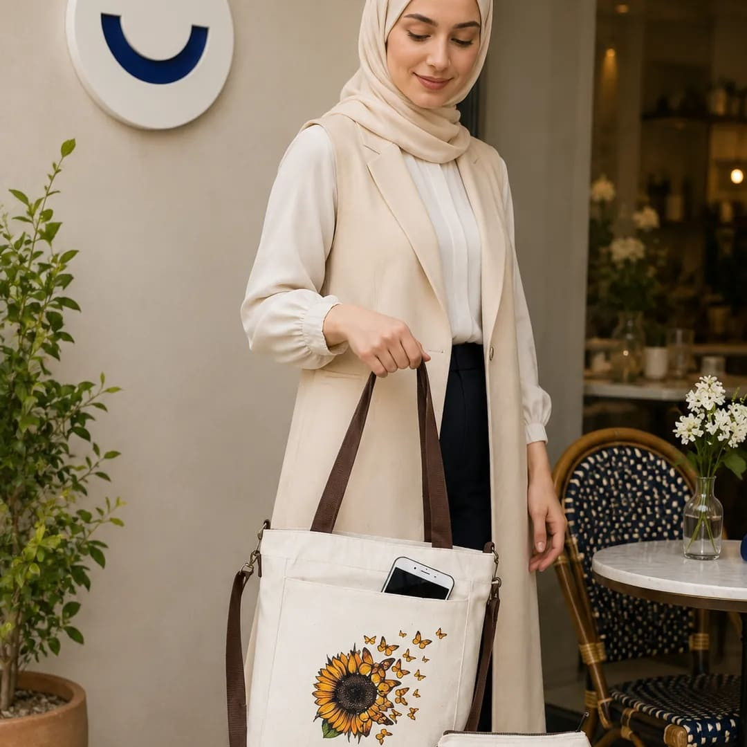 توتي باج كروس بني في أبيض مع شنطة مكياج هديه