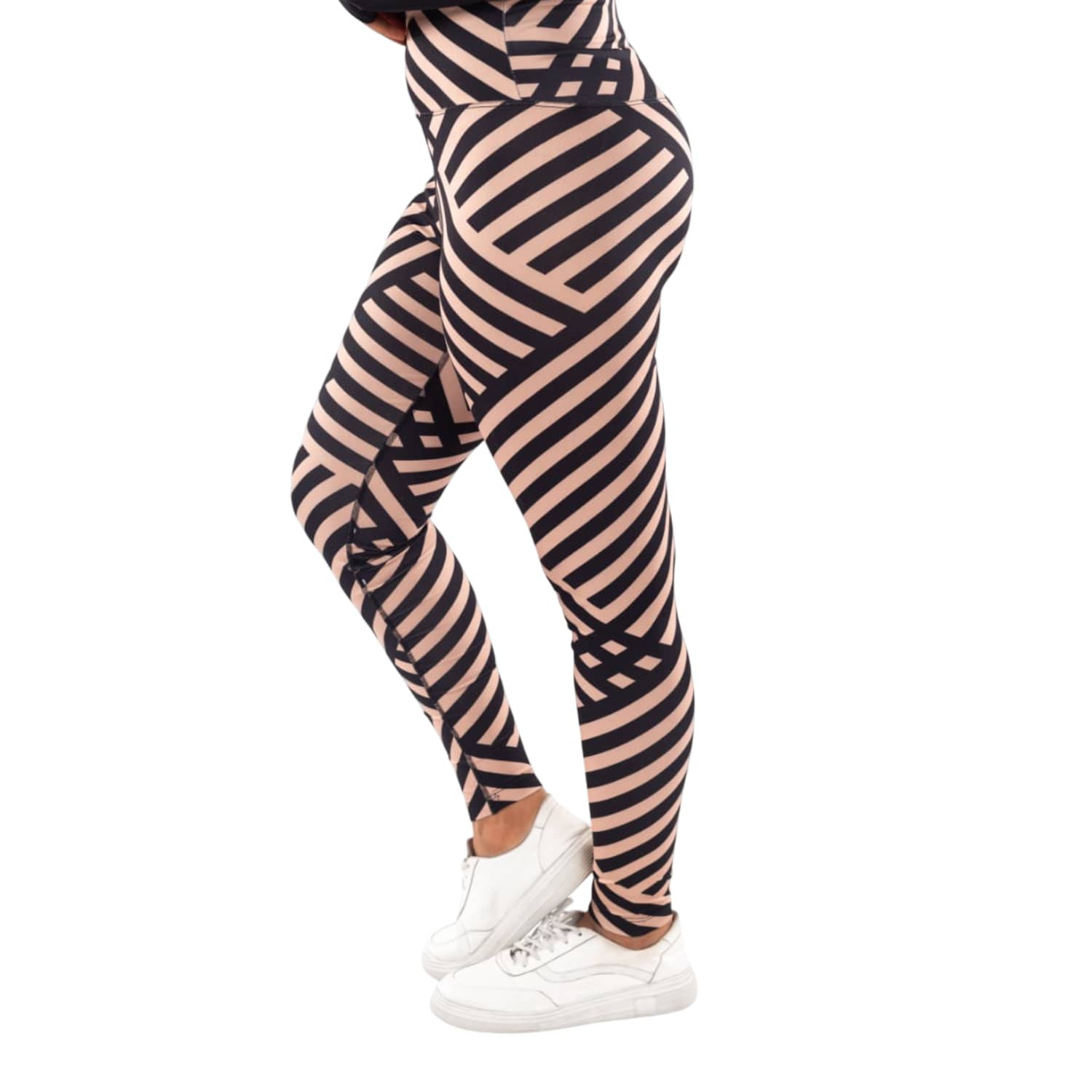 Women's athletic leggings striped beige and black