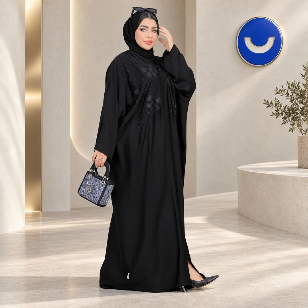 ملحفة حريمي مع الطرحة باللون الأسود تطريز ورد