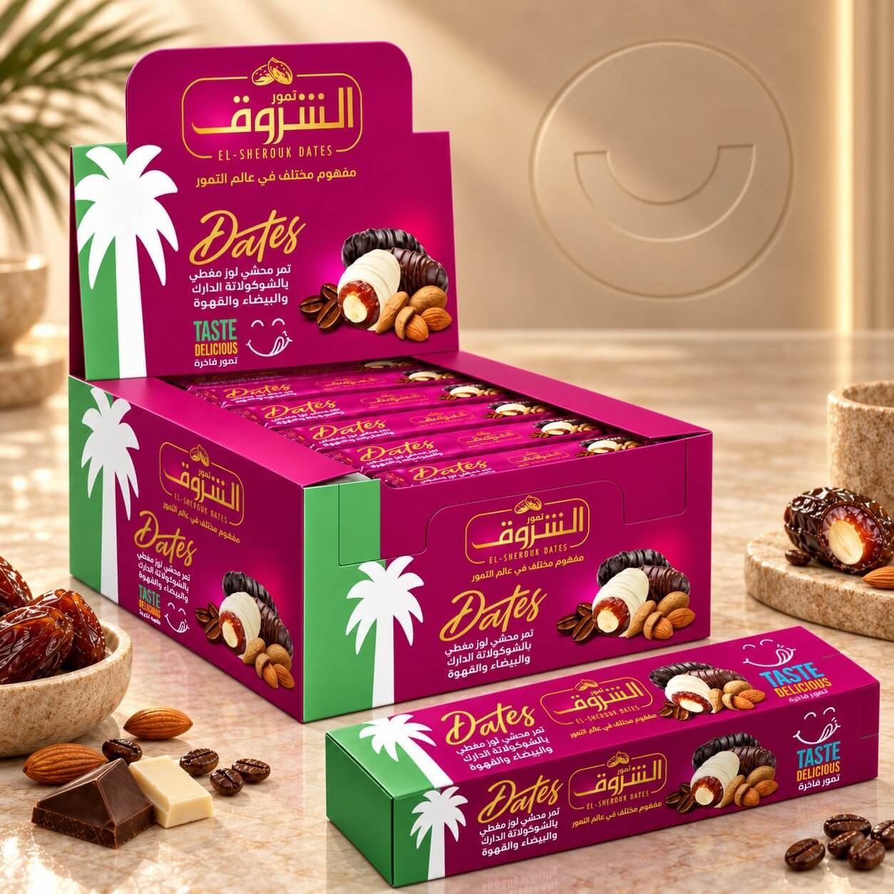 Dates stuffed with almonds and covered in dark and white chocolate and coffee