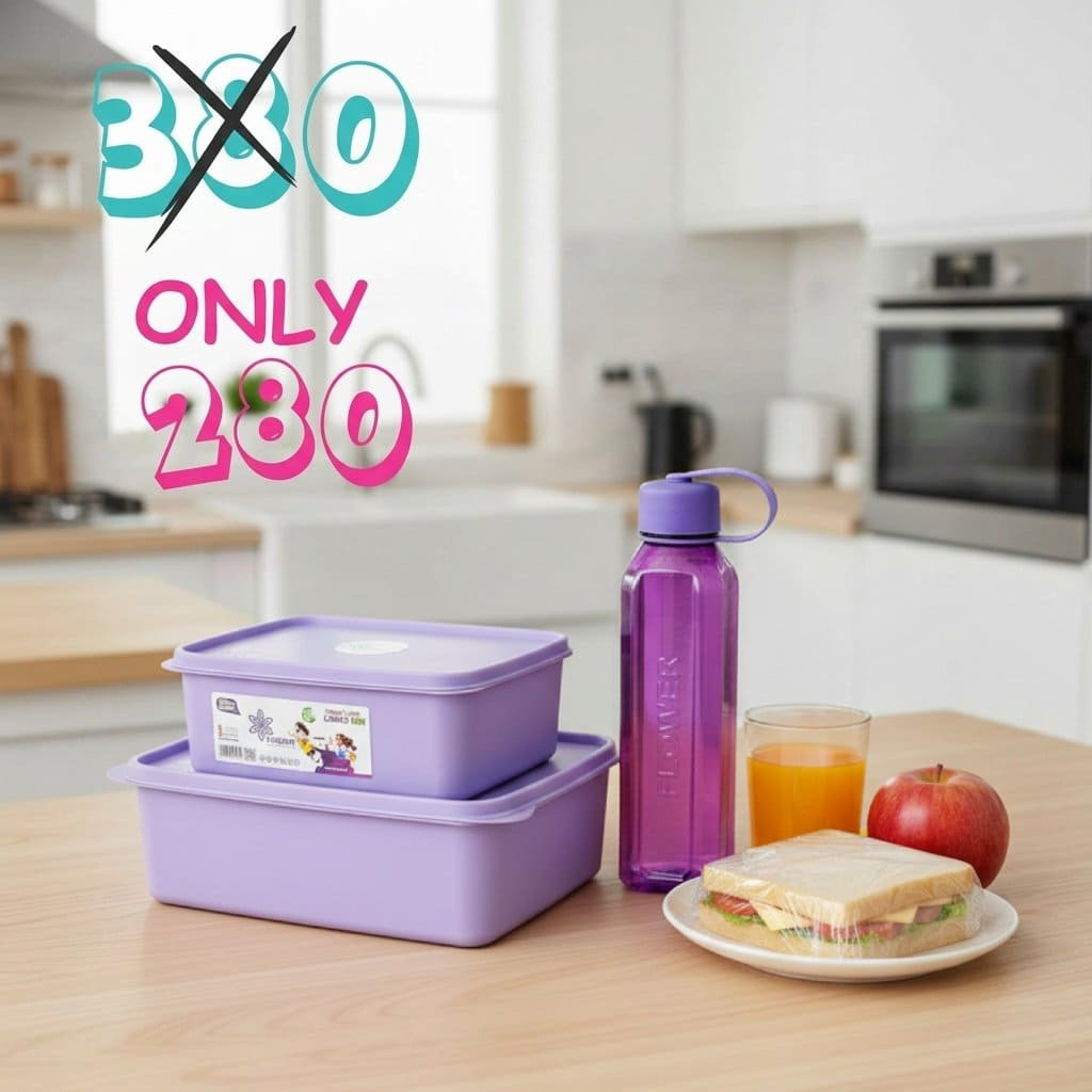 Villa Back to School Lunchbox and Water Bottle Set, Lavender 1L and 2L Lunchboxes with 750ml Bottle - FlowerPlast