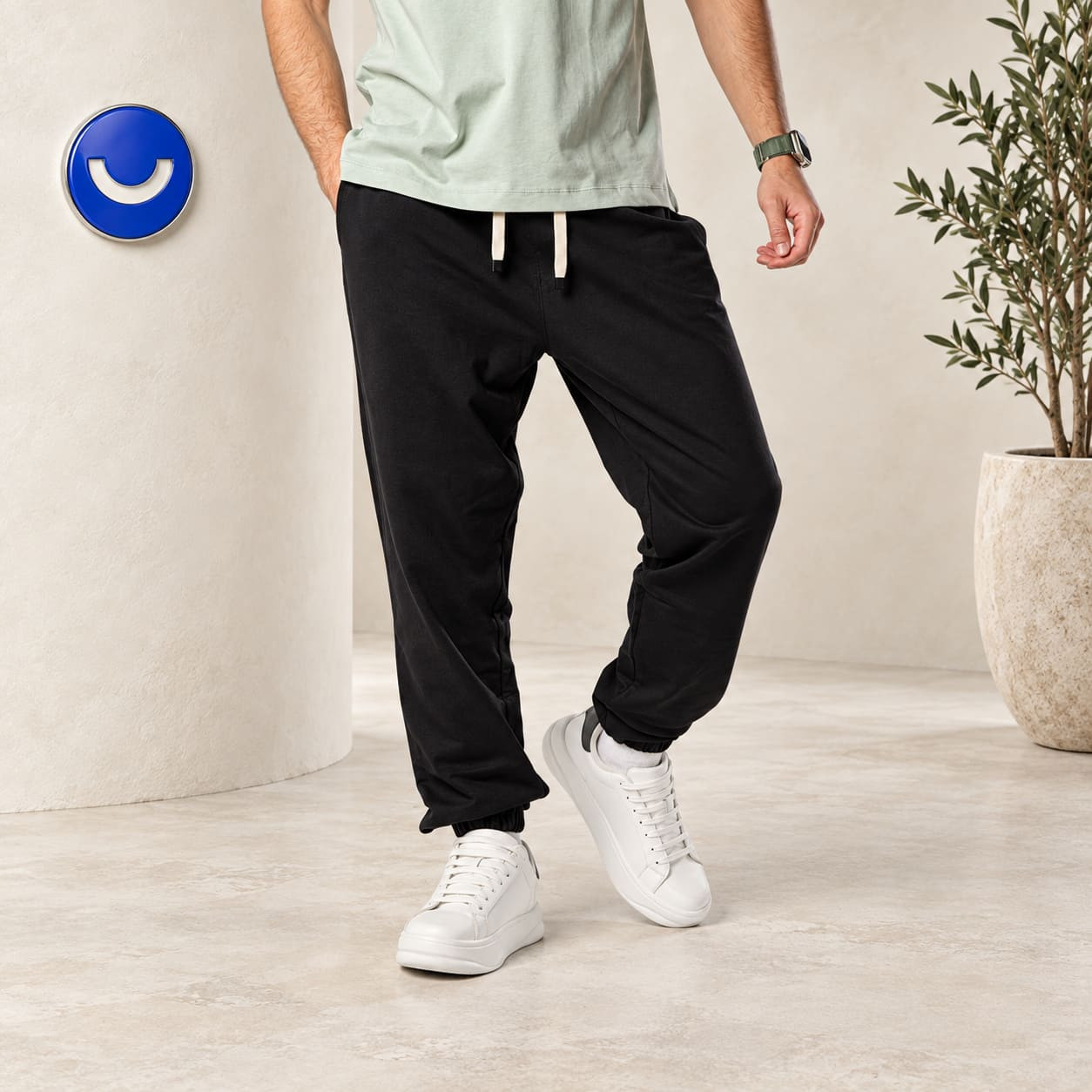 WASHED JOGGER WAIST PANTS - Black.