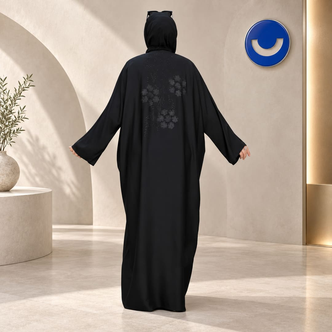 ملحفة حريمي مع الطرحة باللون الأسود تطريز ورد