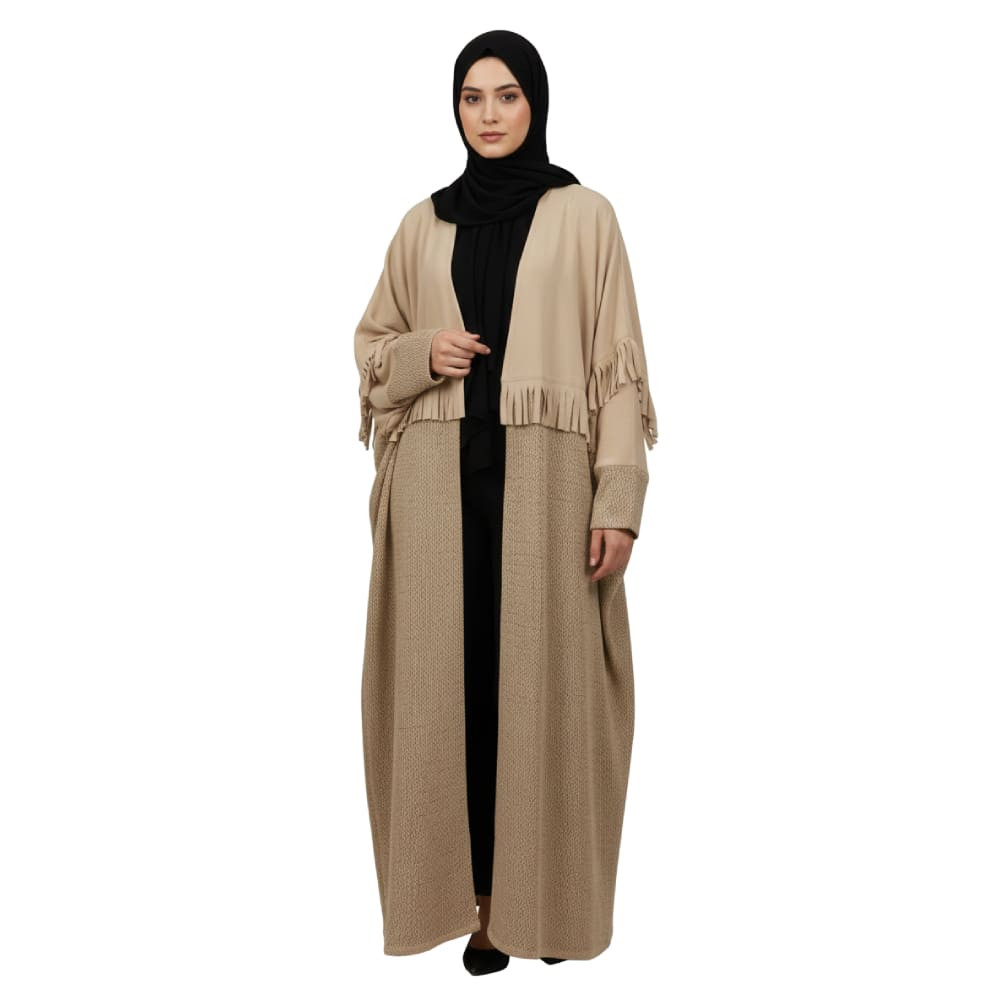 Abaya Wool Lycra Shamouh Beige With Design Tassels