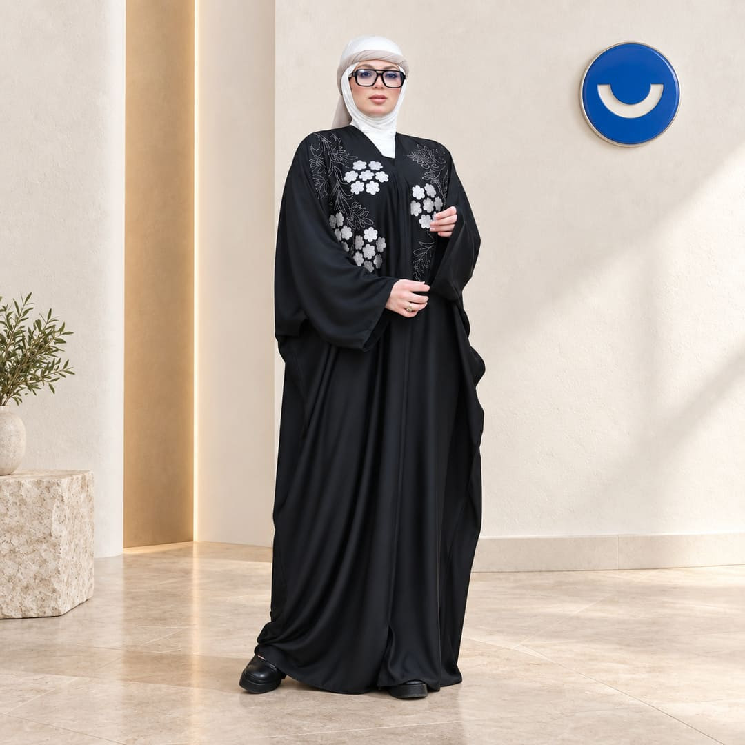 ملحفة حريمي مع الطرحة باللون الأسود ستايل ورد