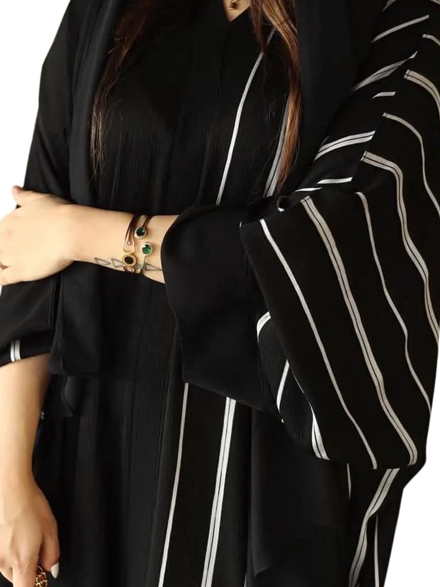 Women's black abaya with white stripes, made of ribbed silk