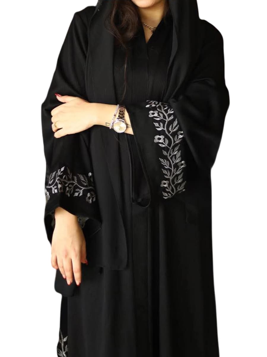 Silk abaya with laser-embroidered tree branch design