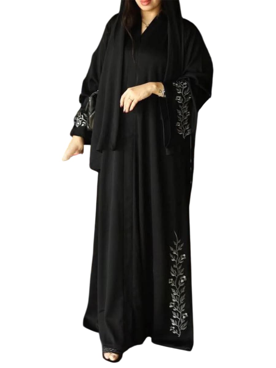 Silk abaya with laser-embroidered tree branch design