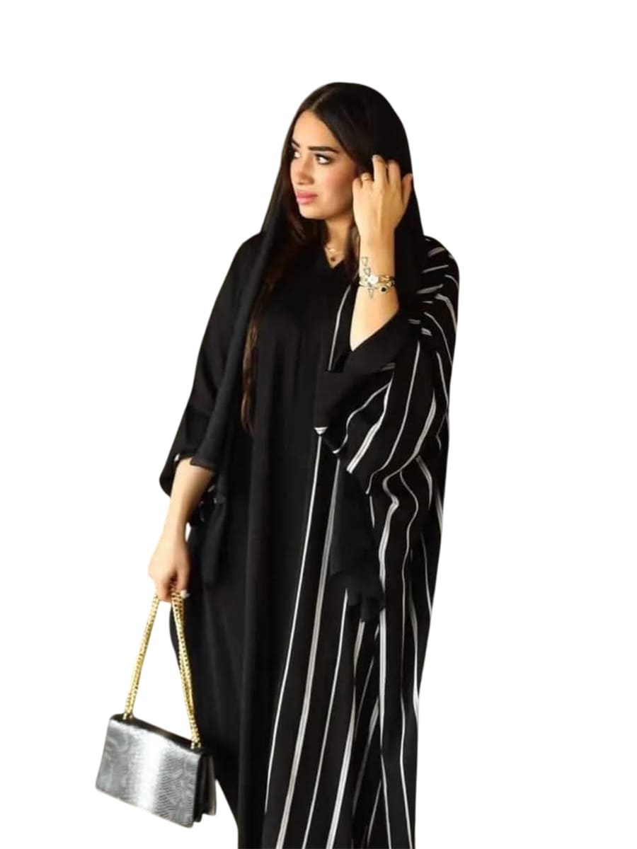 Women's black abaya with white stripes, made of ribbed silk