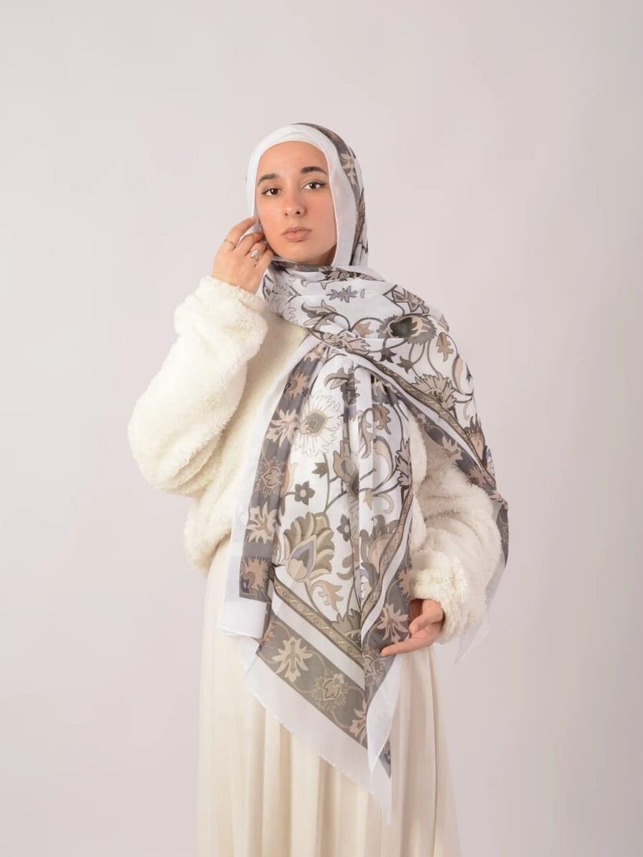 Scarf Cotton Beige With Pattern Brown