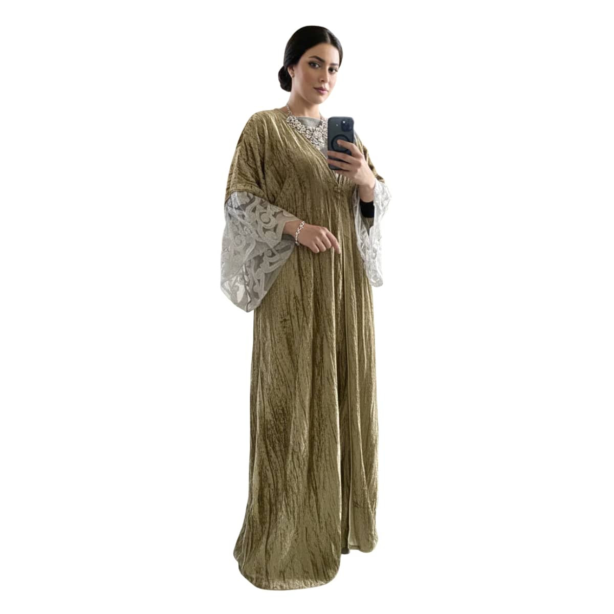 Olive beige kaftan with wavy velvet and white lace sleeves