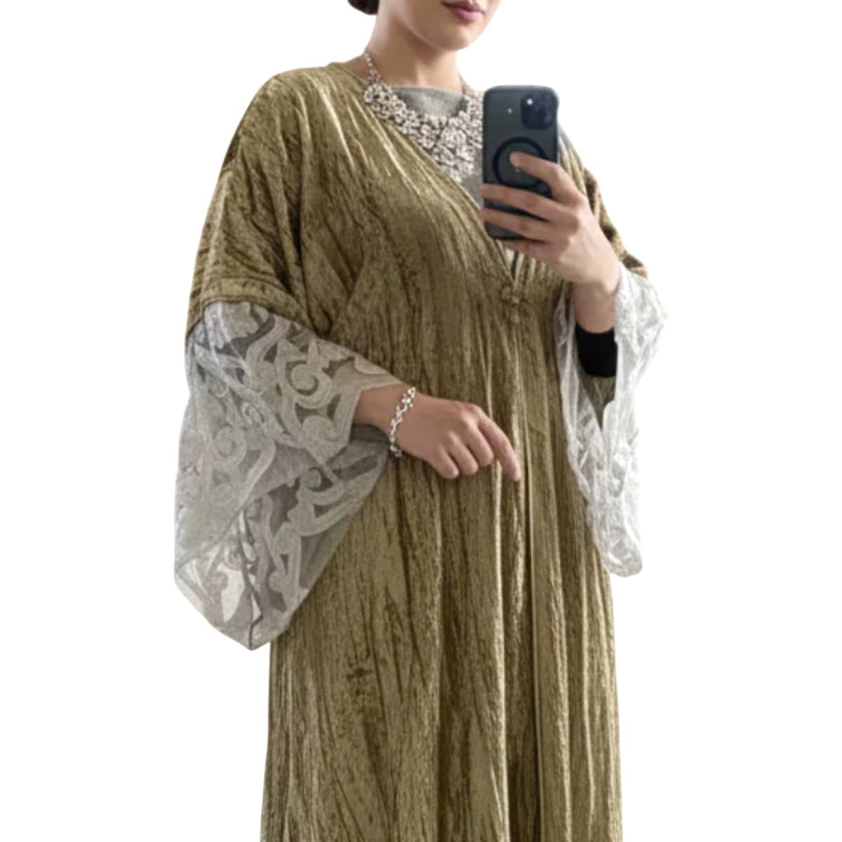 Olive beige kaftan with wavy velvet and white lace sleeves