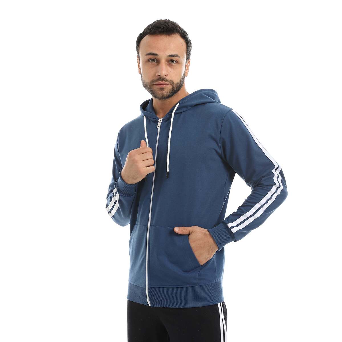 سويت شيرت رجالي بسحاب وخطين أبيض بخامة قطنية