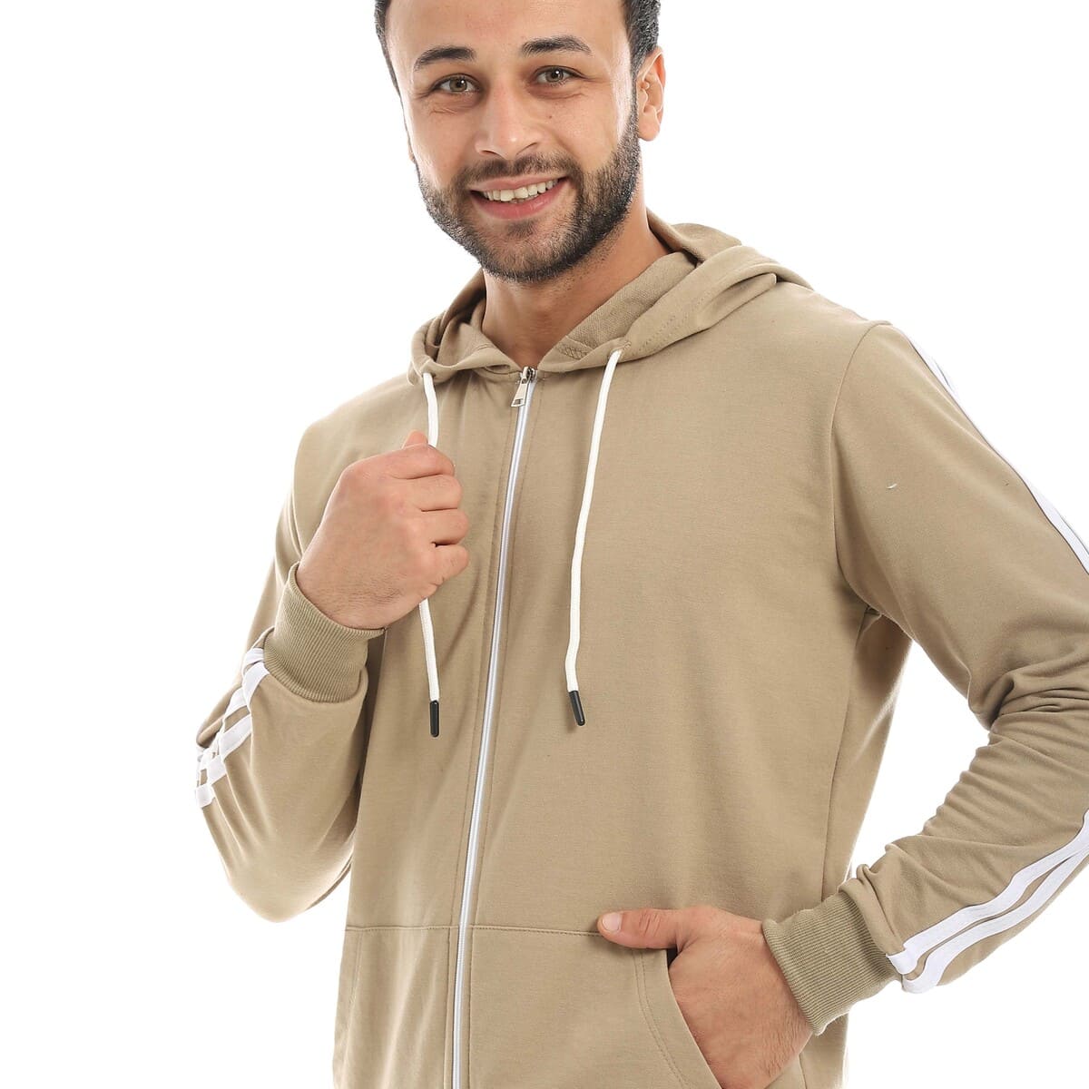 سويت شيرت رجالي بسحاب وخطين أبيض بخامة قطنية