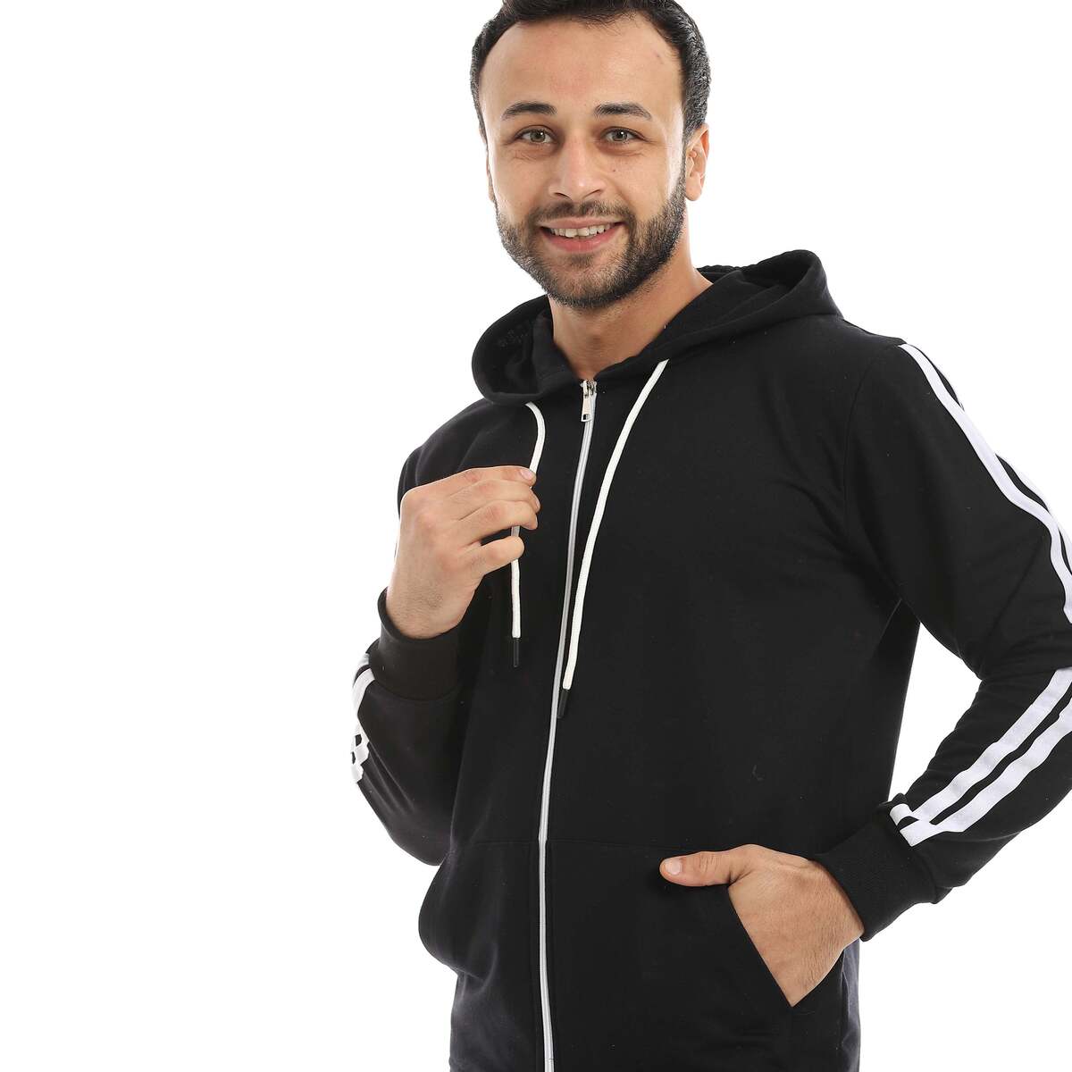 سويت شيرت رجالي بسحاب وخطين أبيض بخامة قطنية