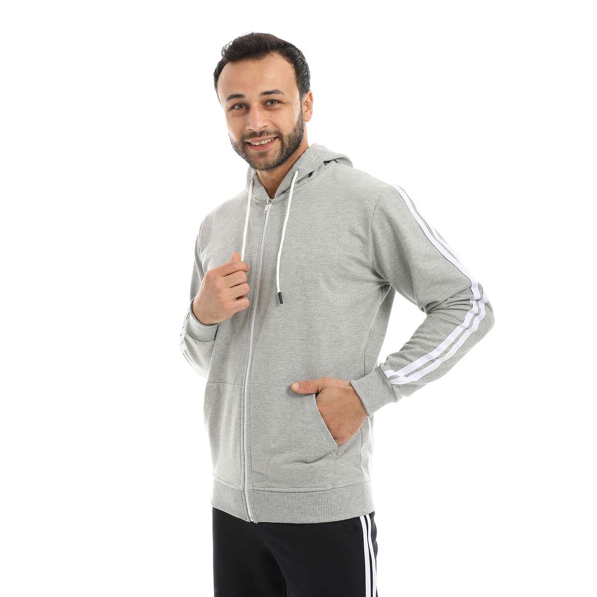 سويت شيرت رجالي بسحاب وخطين أبيض بخامة قطنية