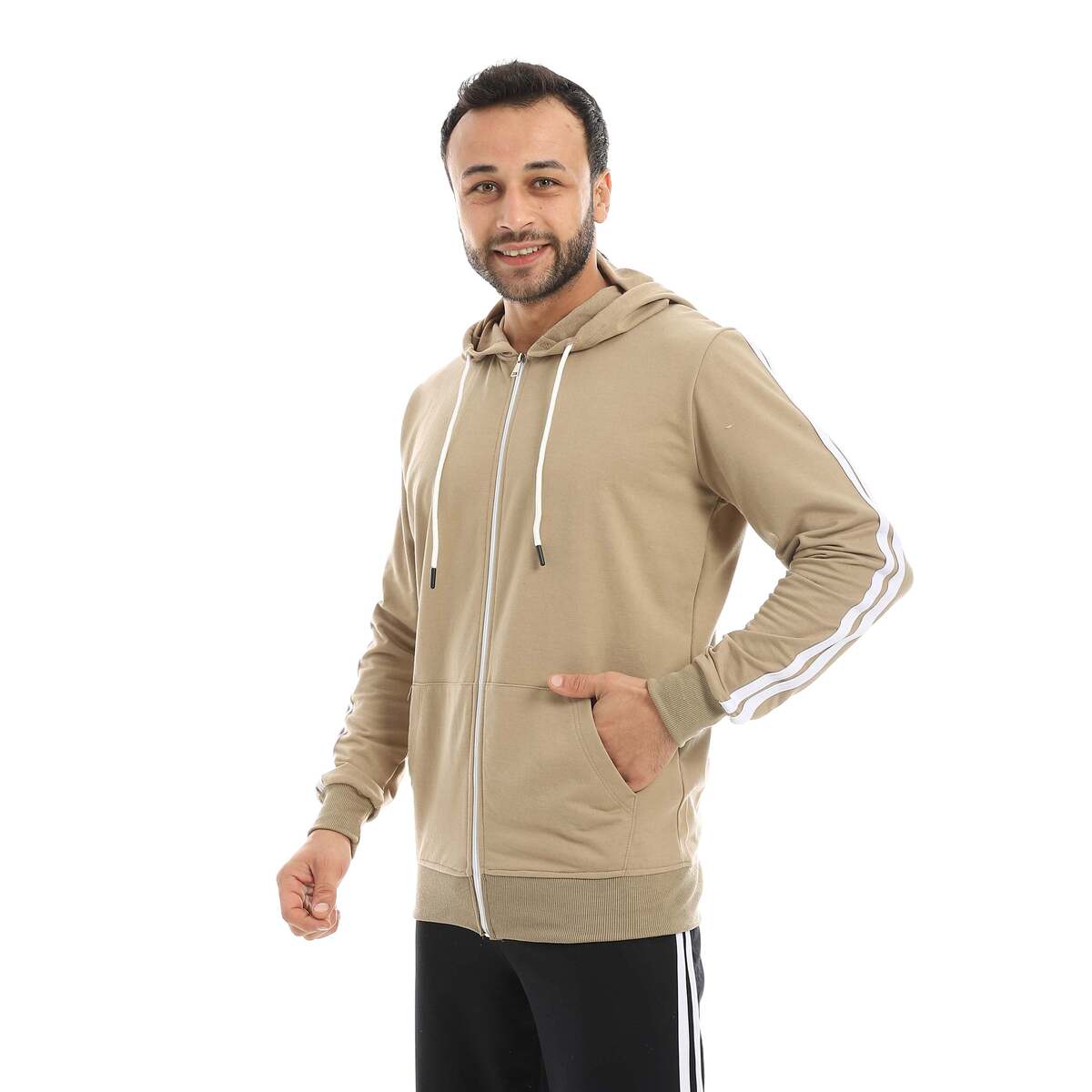 سويت شيرت رجالي بسحاب وخطين أبيض بخامة قطنية