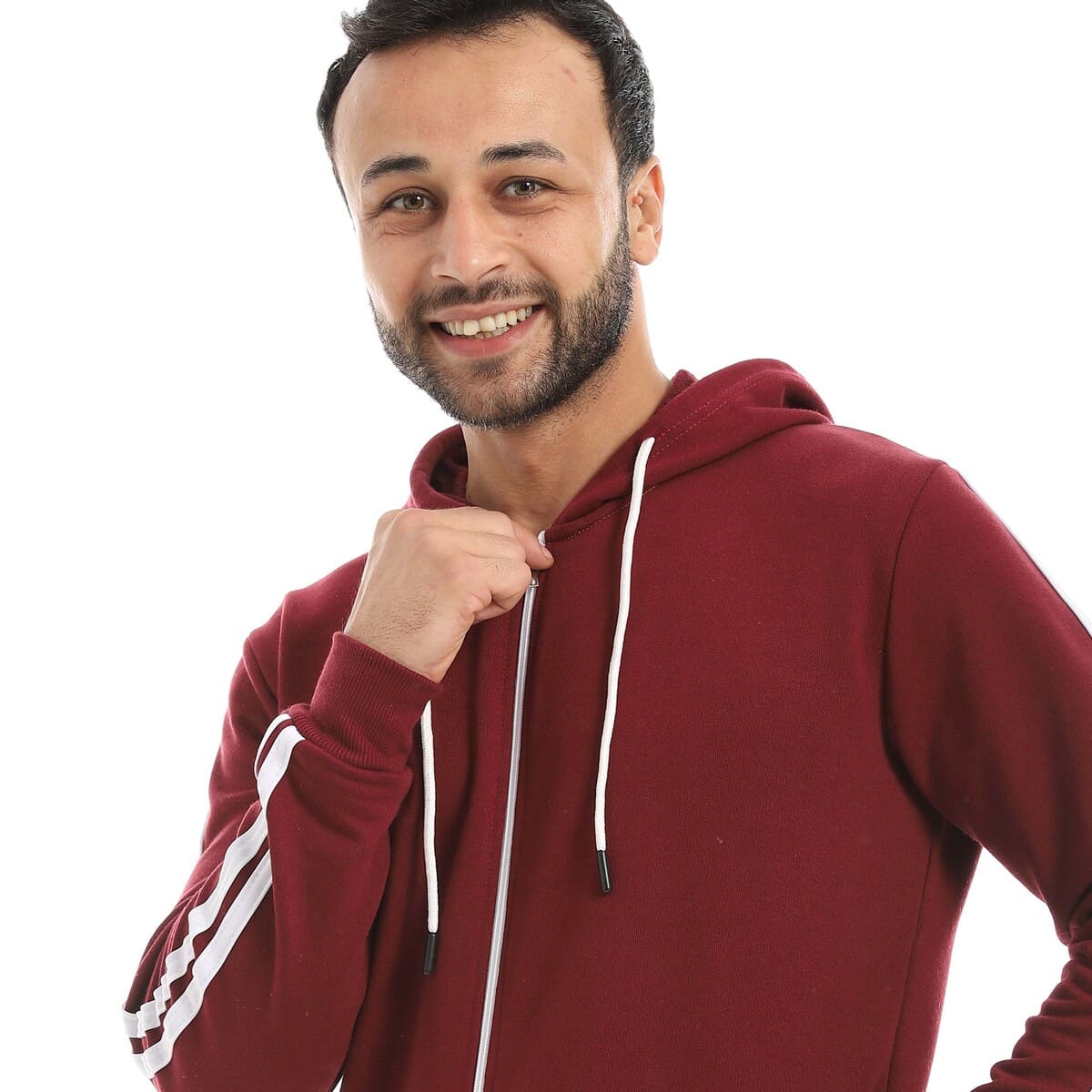 سويت شيرت رجالي بسحاب وخطين أبيض بخامة قطنية
