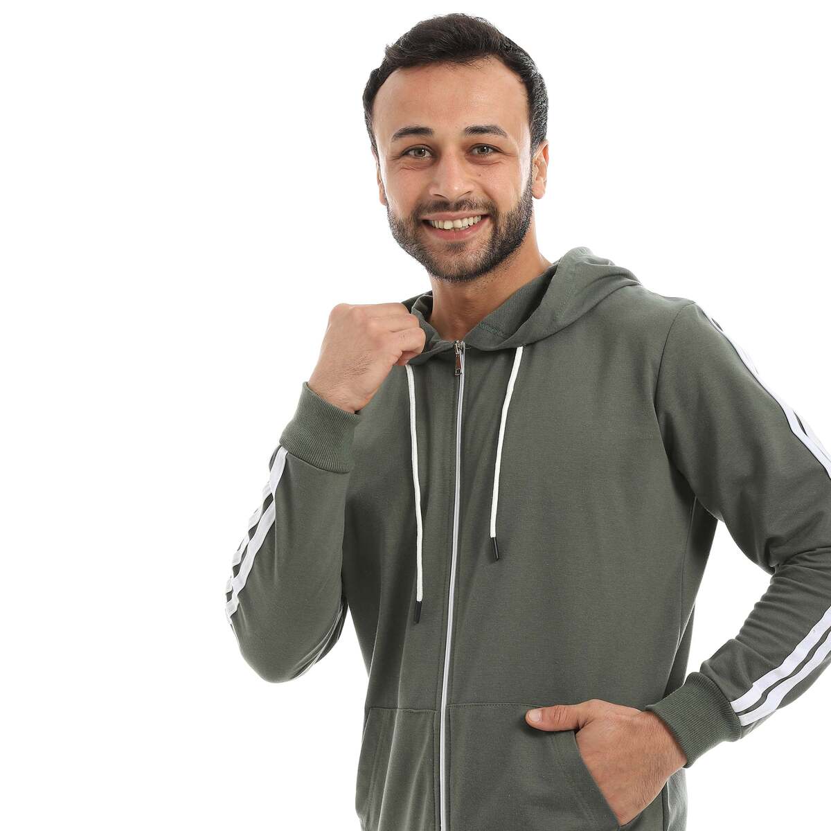 سويت شيرت رجالي بسحاب وخطين أبيض بخامة قطنية