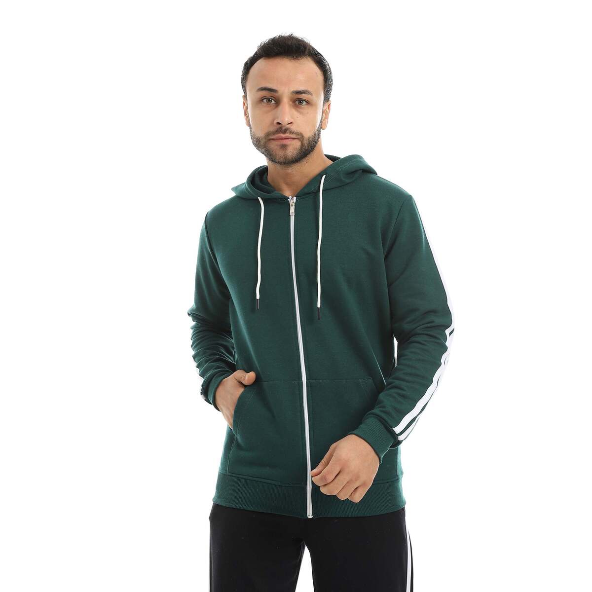 سويت شيرت رجالي بسحاب وخطين أبيض بخامة قطنية
