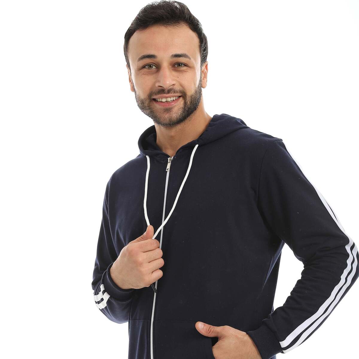 سويت شيرت رجالي بسحاب وخطين أبيض بخامة قطنية