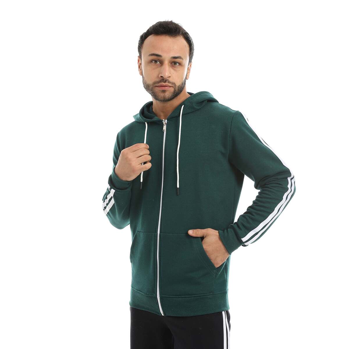 سويت شيرت رجالي بسحاب وخطين أبيض بخامة قطنية