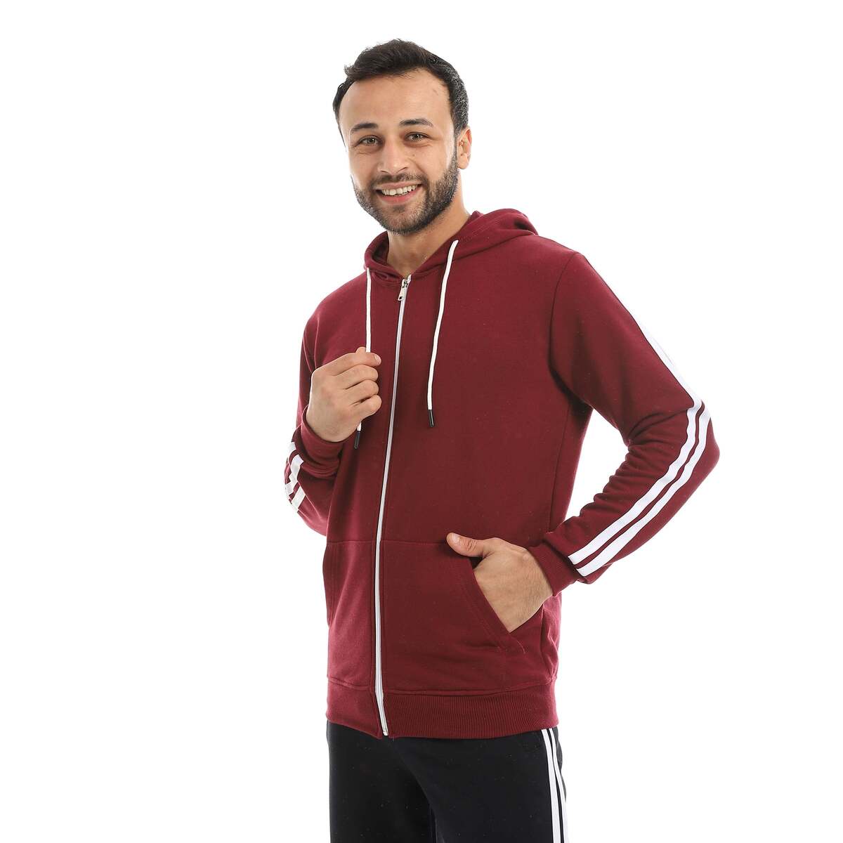 سويت شيرت رجالي بسحاب وخطين أبيض بخامة قطنية