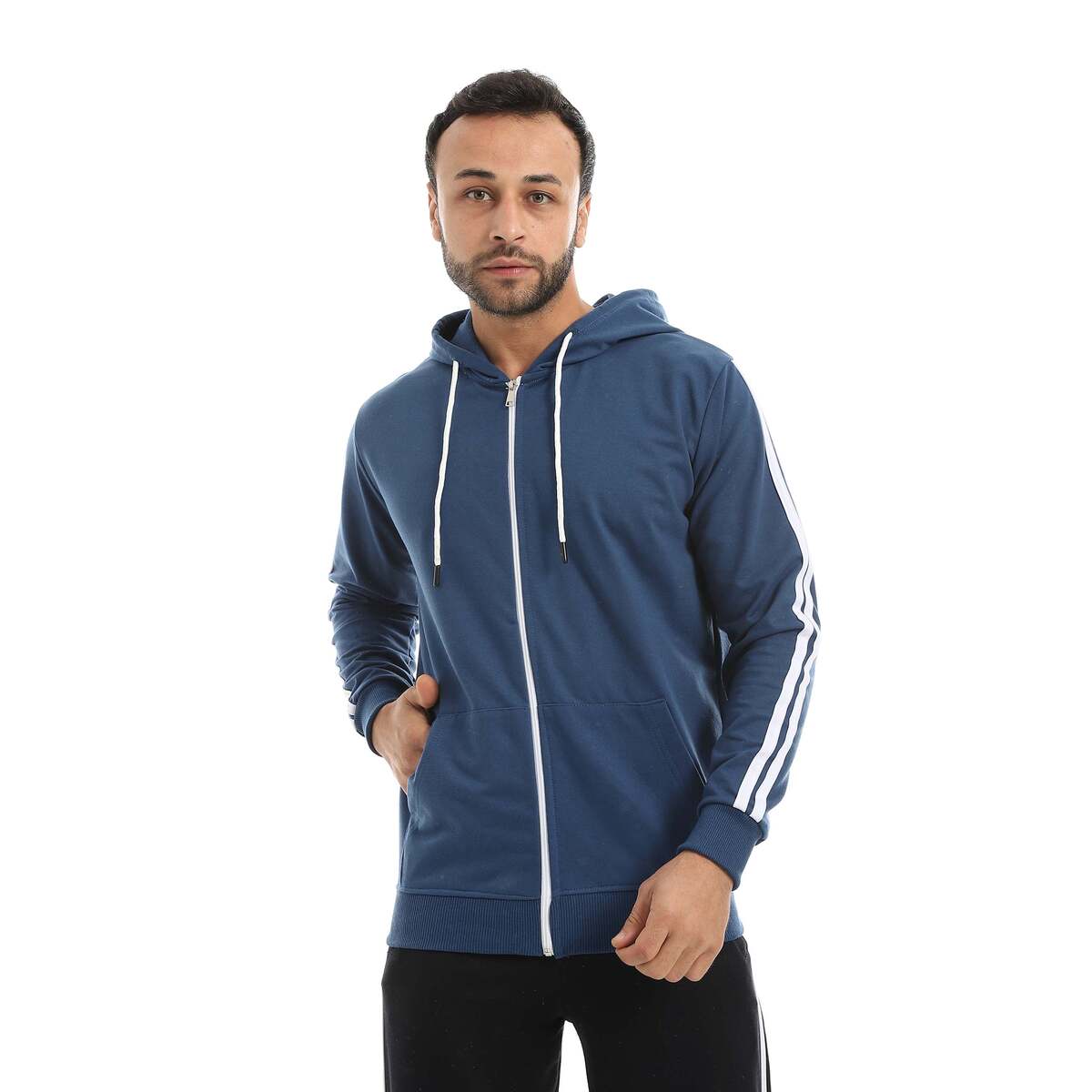 سويت شيرت رجالي بسحاب وخطين أبيض بخامة قطنية