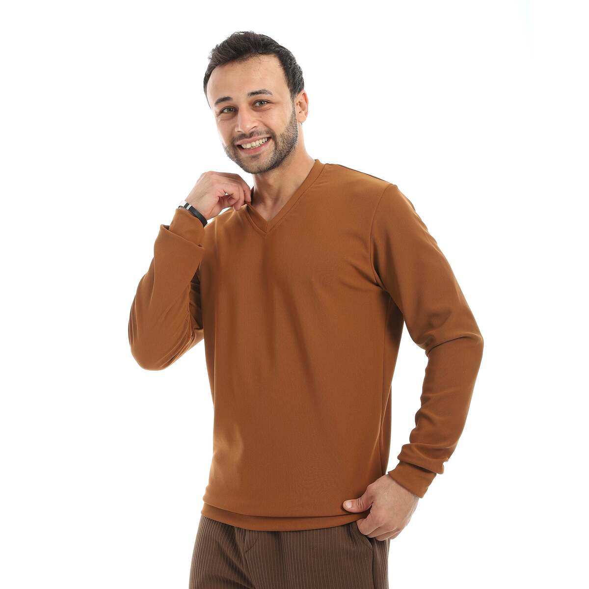 بلوفر رجالي برقبة V من قطن وبوليستر مريح