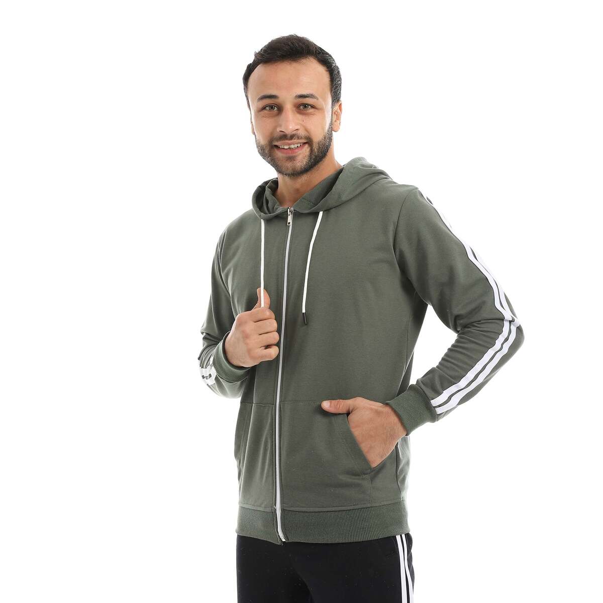 سويت شيرت رجالي بسحاب وخطين أبيض بخامة قطنية
