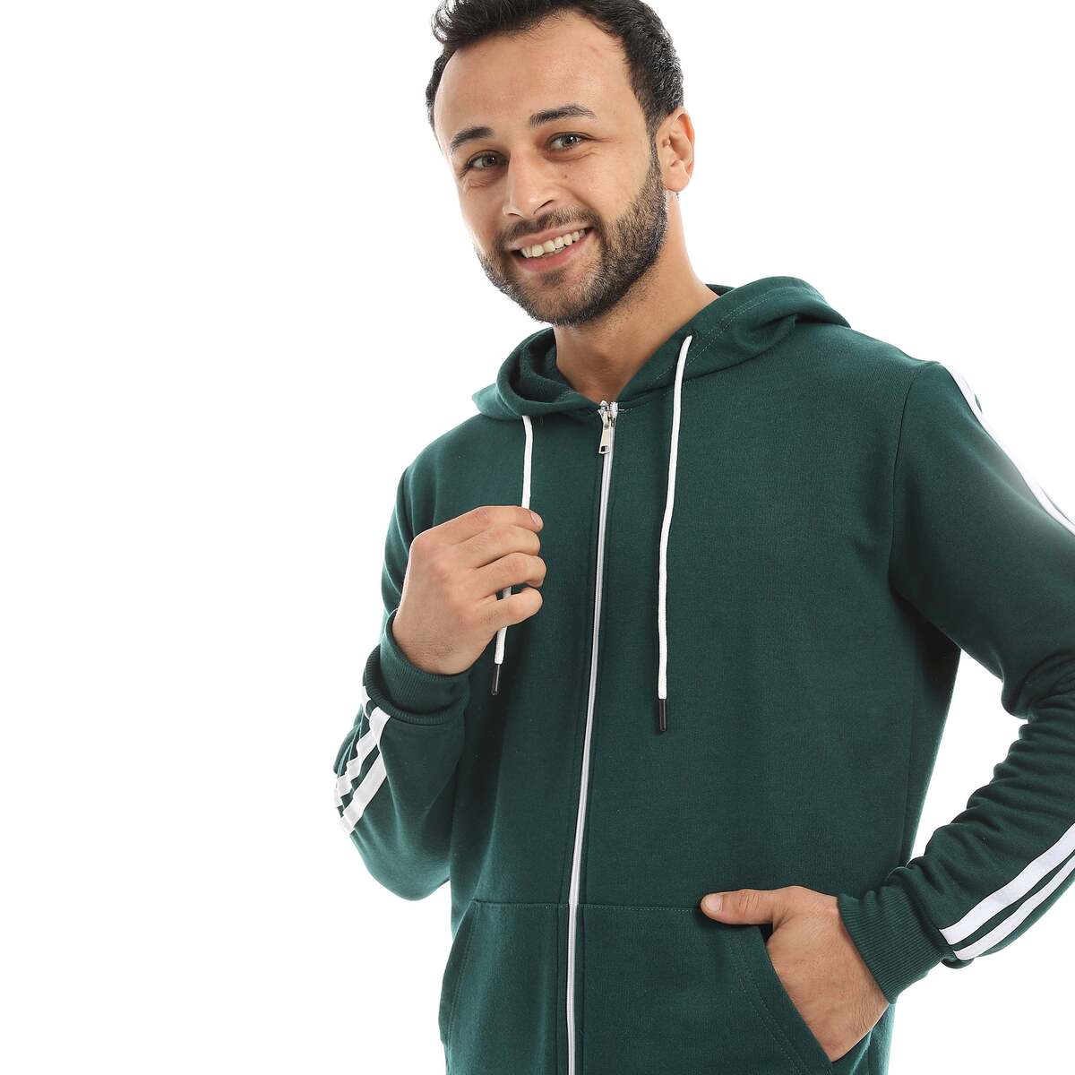 سويت شيرت رجالي بسحاب وخطين أبيض بخامة قطنية
