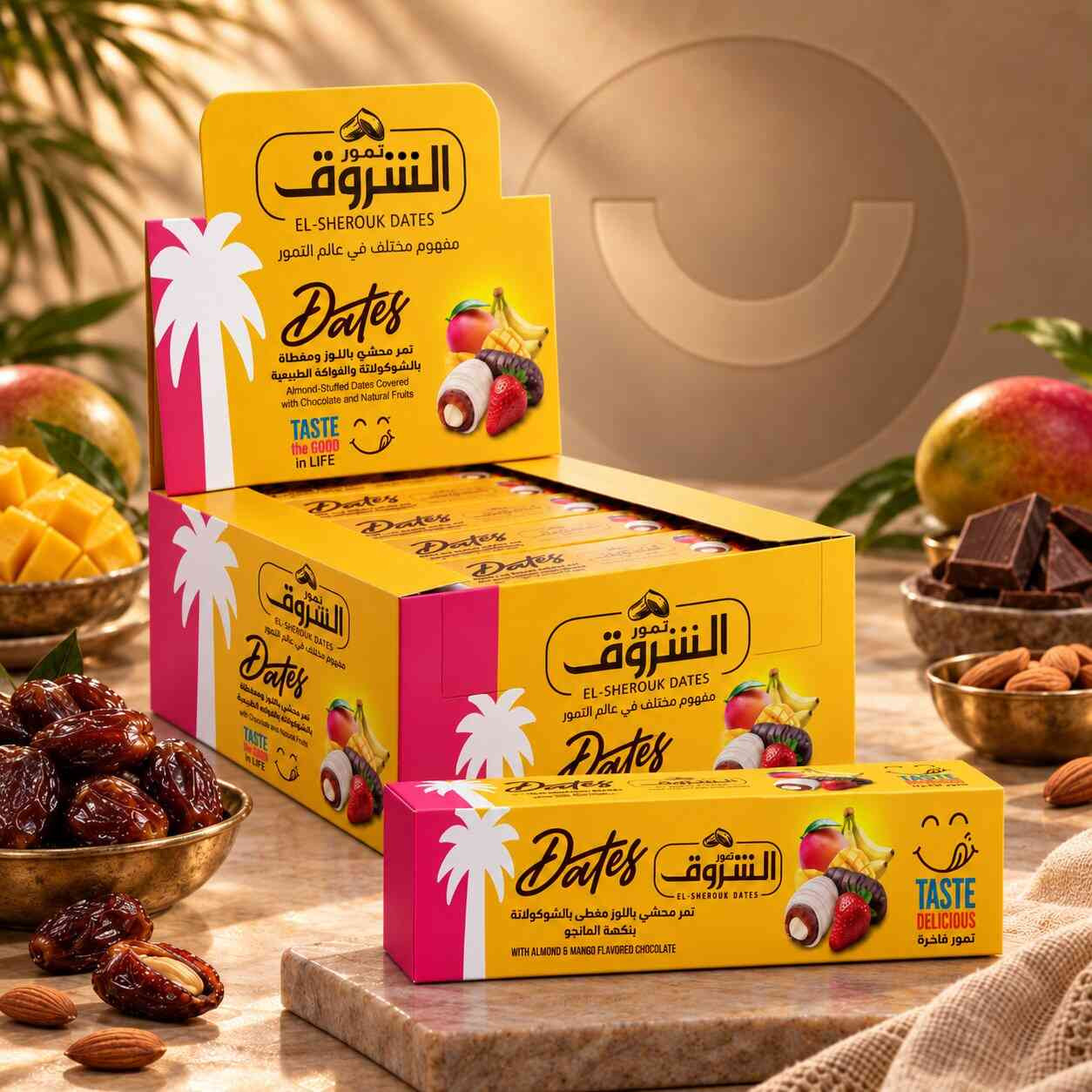 باكت تمر محشي باللوز ومغطى بشوكولاتة المانجو من الشروق