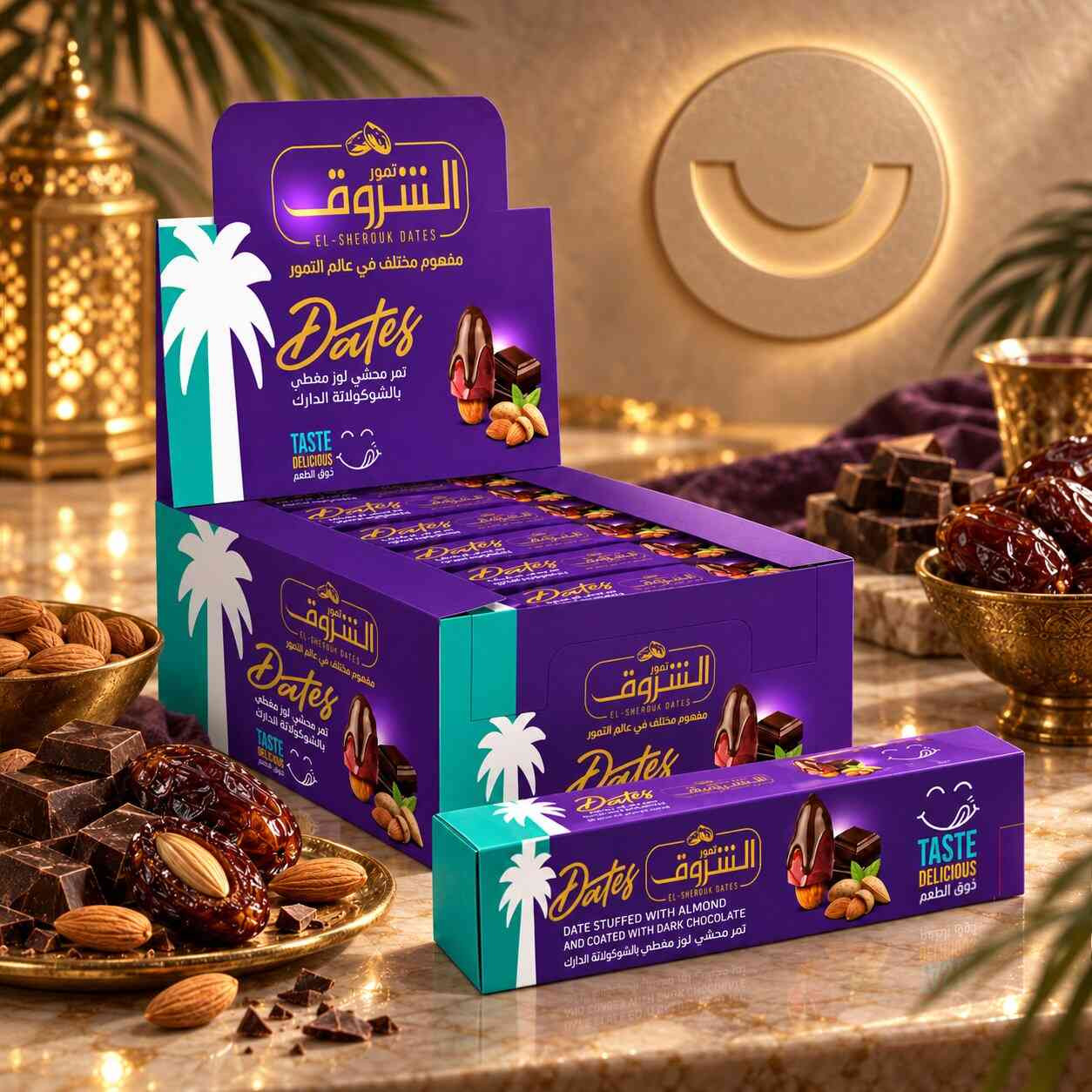 باكت تمر محشي باللوز ومغطى بالشوكولاتة الدارك من الشروق