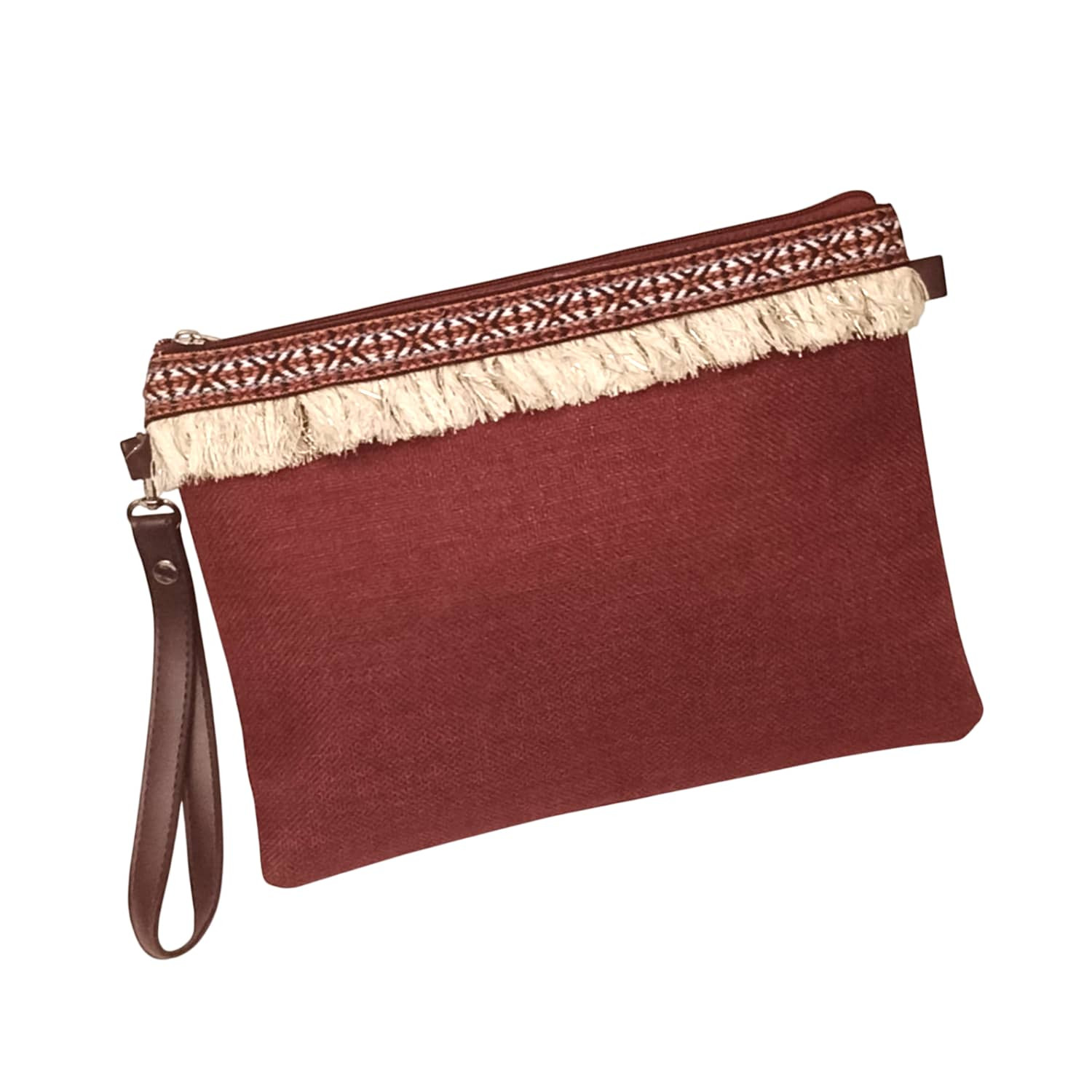 Clutch Linen Lined With Ribbon Indian With Suede