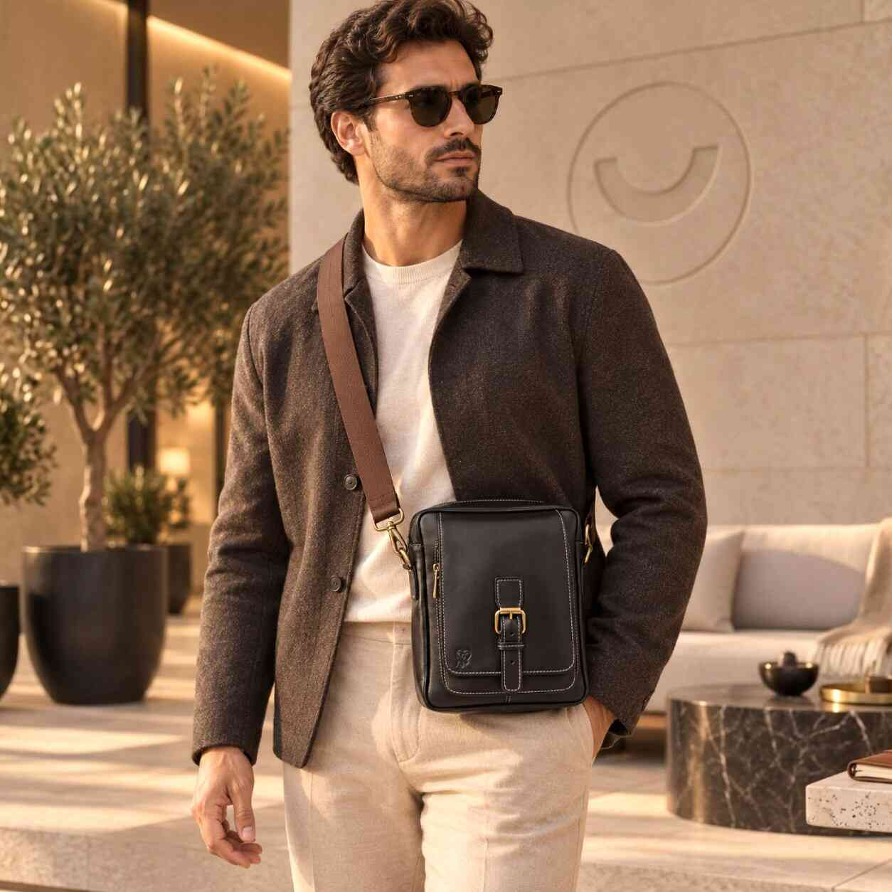 شنطة كروس رجالي جلد طبيعي  باللون الأسود من Lavinty